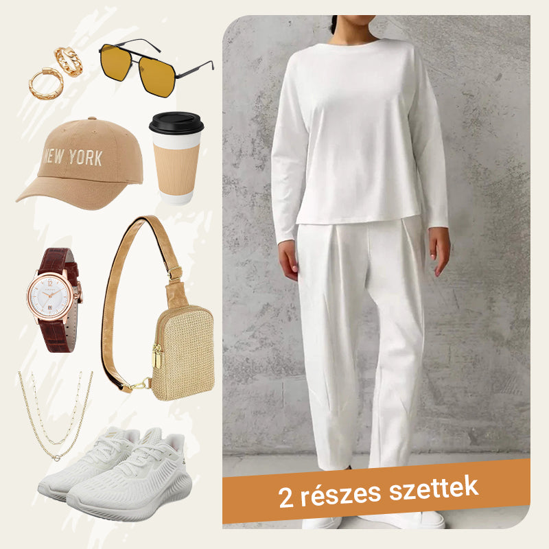 🌹Ajándék 🌸Virágzó Rózsa Nyaklánc🌸🔥Pamut hosszú ujjú kerek nyakú nadrág kétrészes készlet