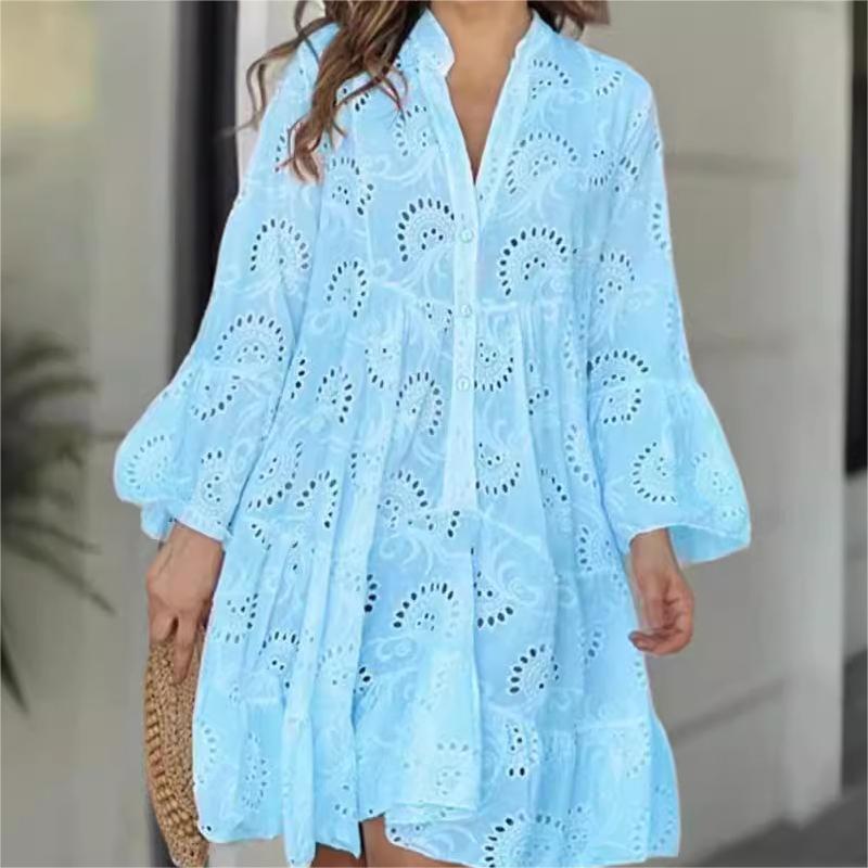 Culoare solidă V-Neck Loose Hollow Out Dress