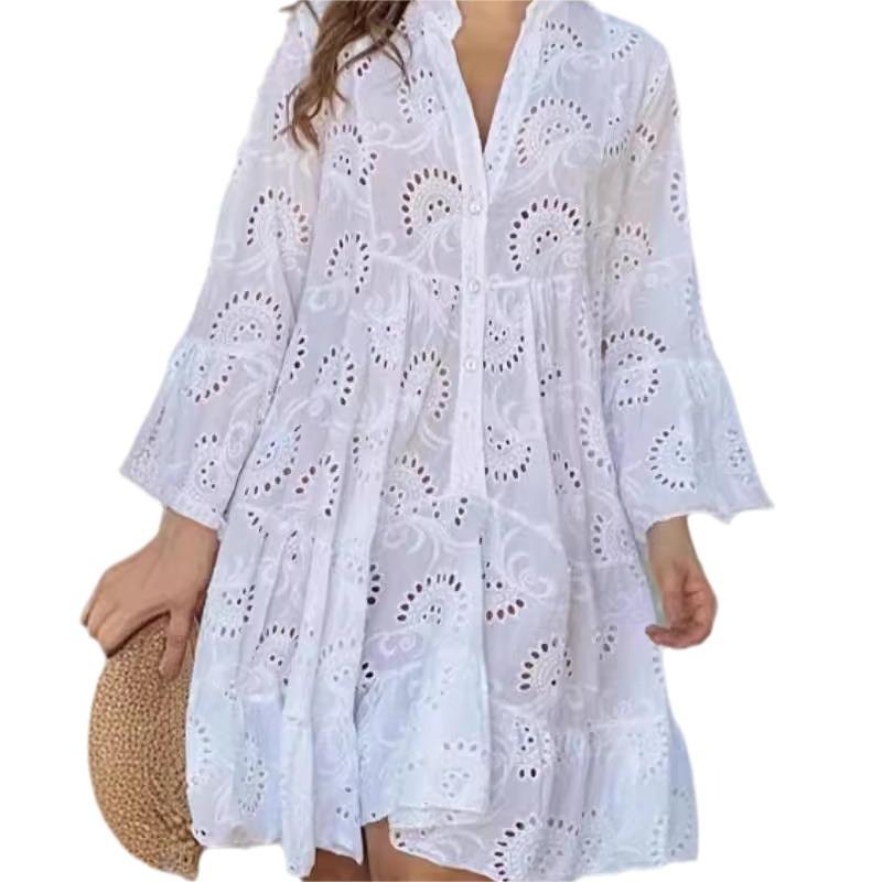 Culoare solidă V-Neck Loose Hollow Out Dress
