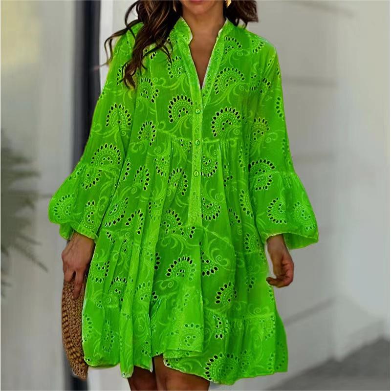 Culoare solidă V-Neck Loose Hollow Out Dress