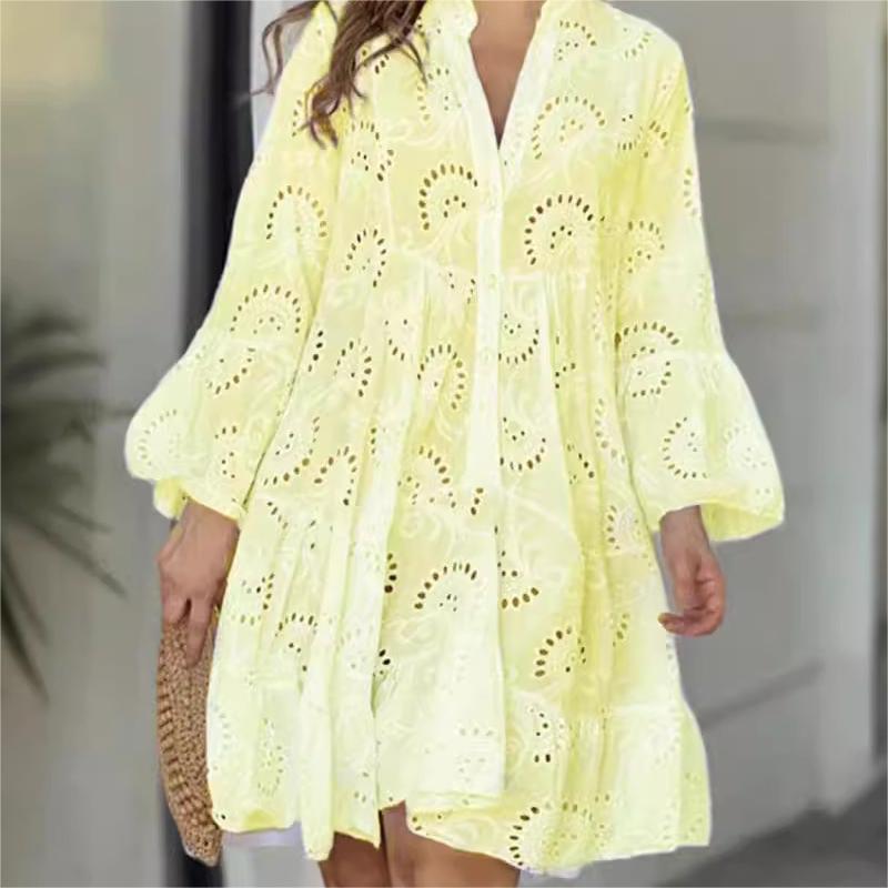 Culoare solidă V-Neck Loose Hollow Out Dress