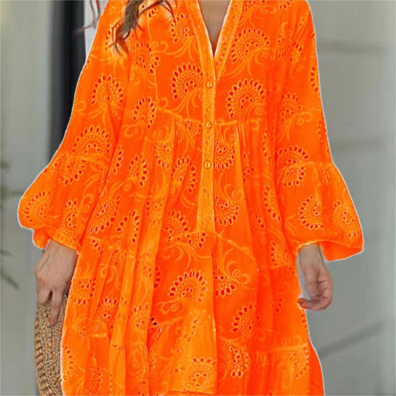 Culoare solidă V-Neck Loose Hollow Out Dress