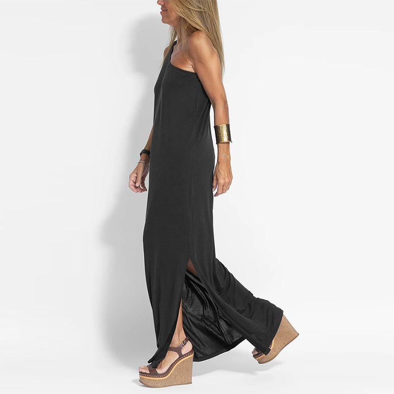Elegant One-Shoulder Slit Ankle-Length Dress