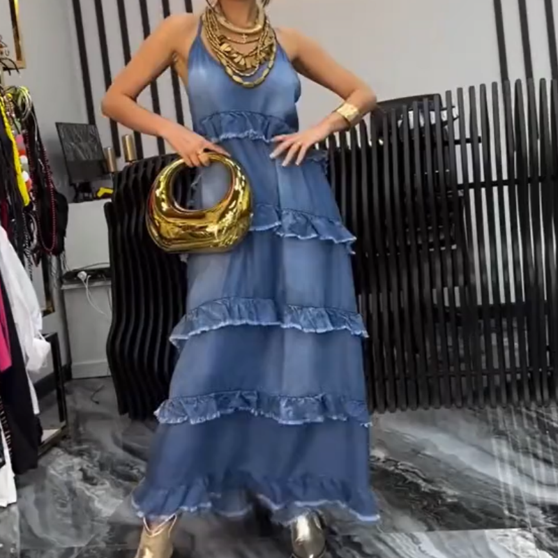 Femei Denim Spaghetti Strap Maxi Rochie