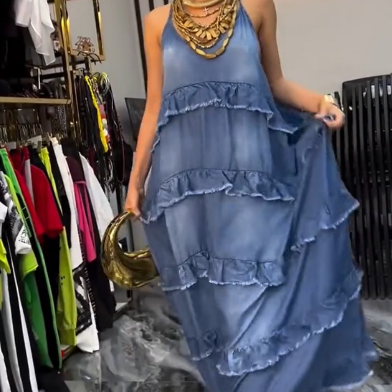 Femei Denim Spaghetti Strap Maxi Rochie