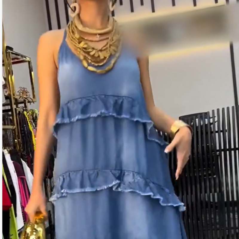 Femei Denim Spaghetti Strap Maxi Rochie