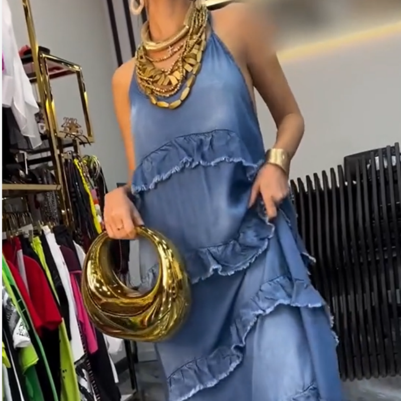 Femei Denim Spaghetti Strap Maxi Rochie