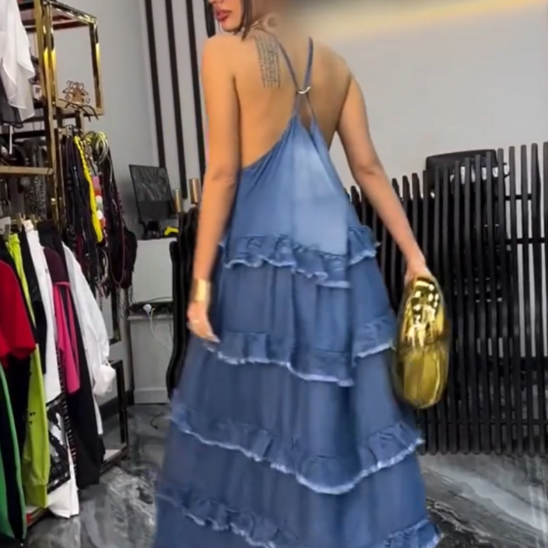 Femei Denim Spaghetti Strap Maxi Rochie