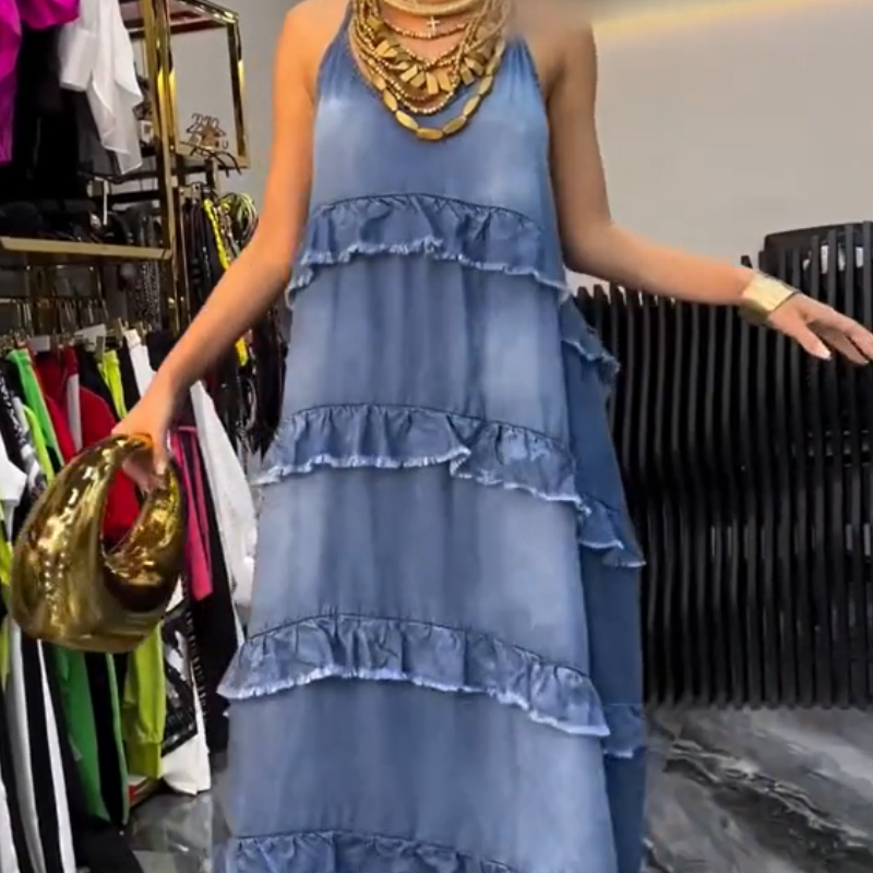 Femei Denim Spaghetti Strap Maxi Rochie
