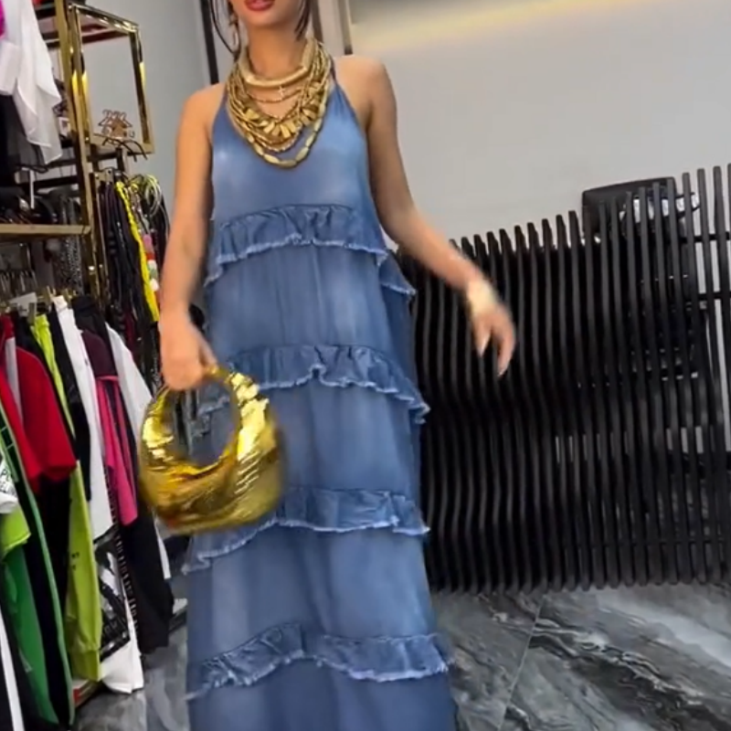 Femei Denim Spaghetti Strap Maxi Rochie