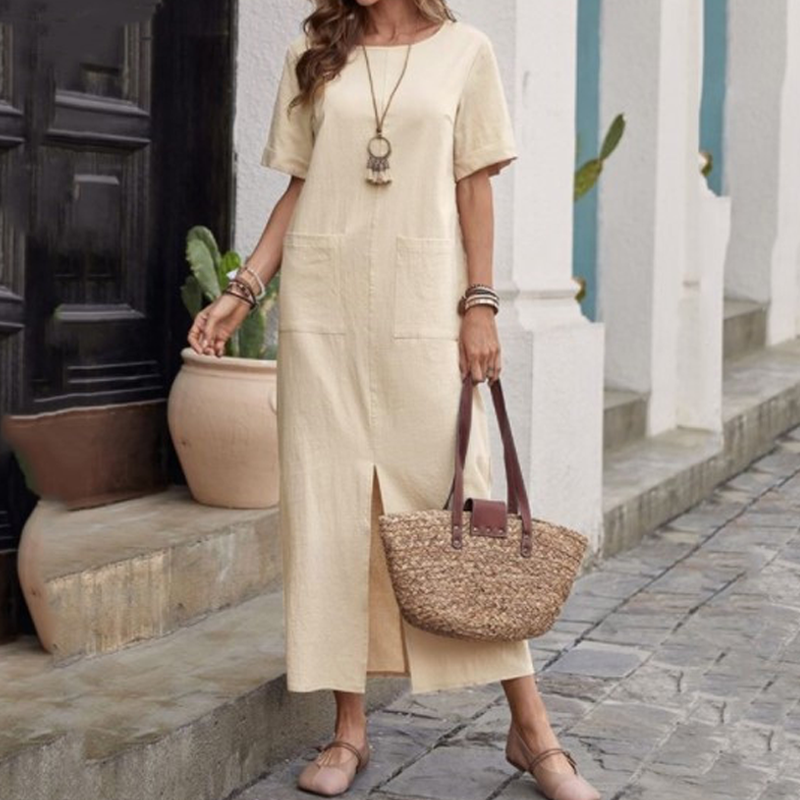Bumbac-Lin vrac rochie cu gât rotund