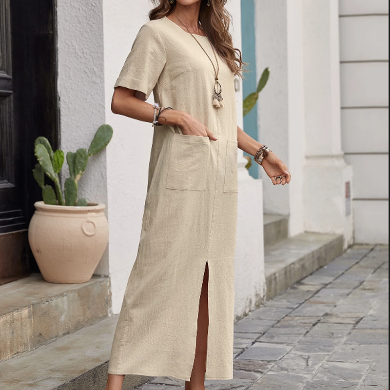 Bumbac-Lin vrac rochie cu gât rotund