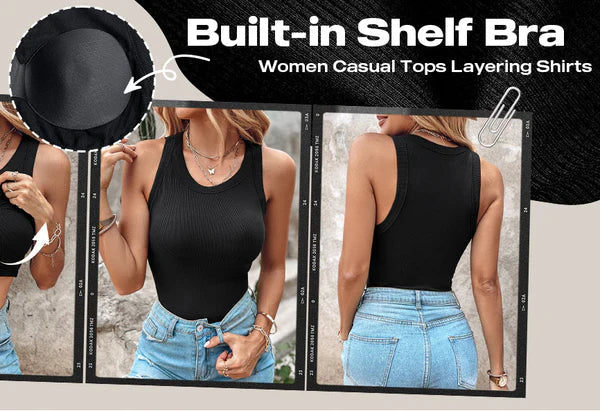 🍃Kerek nyakú, beépített melltartóval ellátott, bordás póló - testhezálló, alkalmi, kényelmes💥