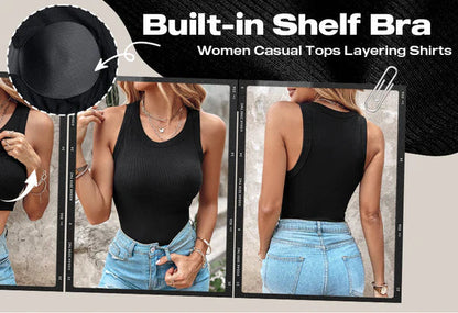 🍃Kerek nyakú, beépített melltartóval ellátott, bordás póló - testhezálló, alkalmi, kényelmes💥