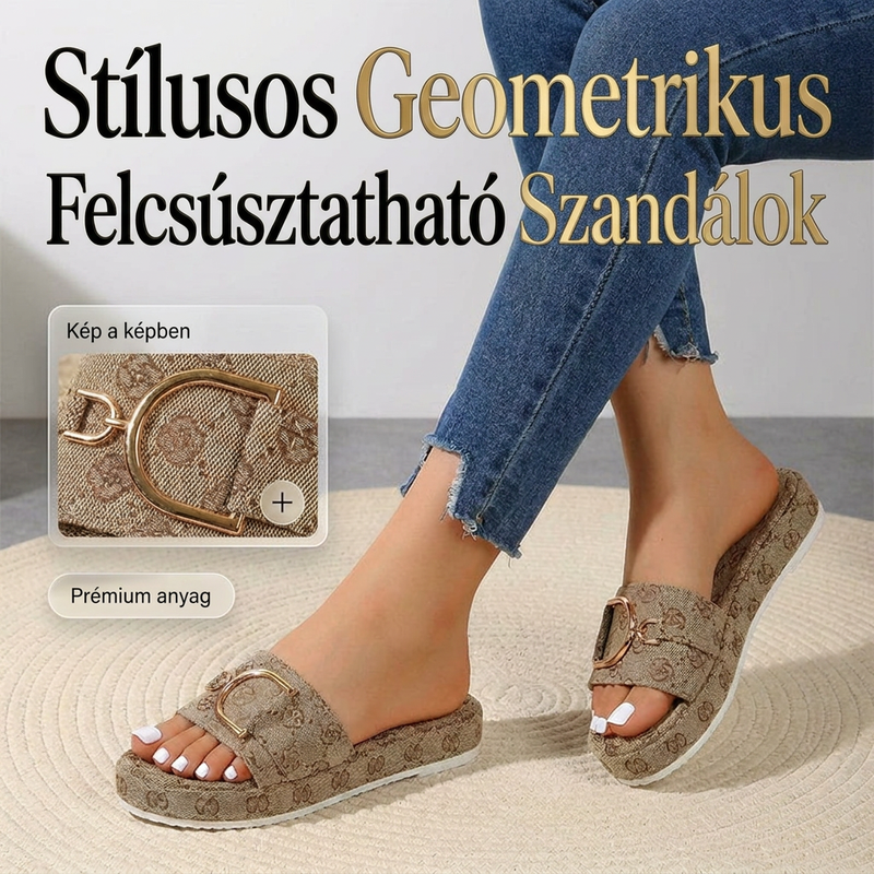 👡 Stílusos geometrikus slip-on szandál – szőtt textúra, arany díszítés, utánvéttel