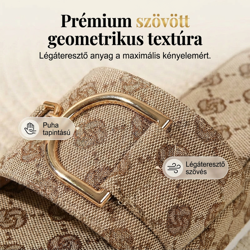 👡 Stílusos geometrikus slip-on szandál – szőtt textúra, arany díszítés, utánvéttel