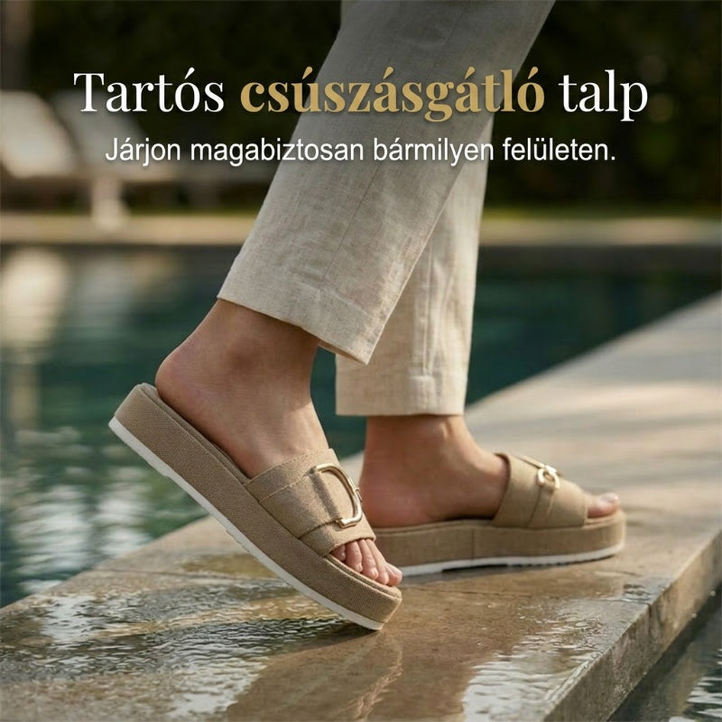 👡 Stílusos geometrikus slip-on szandál – szőtt textúra, arany díszítés, utánvéttel