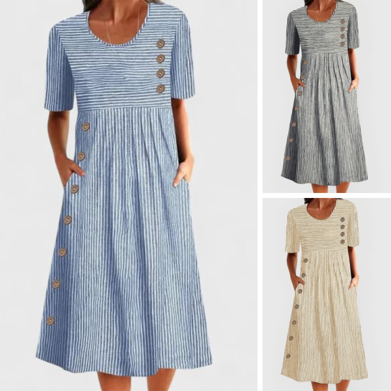 💃 Időtálló csíkos midi ruha – klasszikus elegancia, modern vonalvezetés