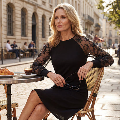 🥰2025 Csipke patchwork kerek nyakú hosszú ujjú ruha