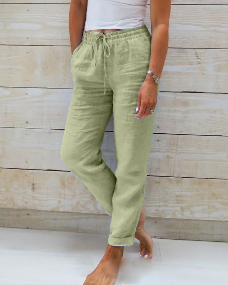 🔥 S–2XL méretű, rugalmas derékú pamut-len széles szárú női nadrág | Nyári laza stílus, kényelem és elegancia egyben 🍃