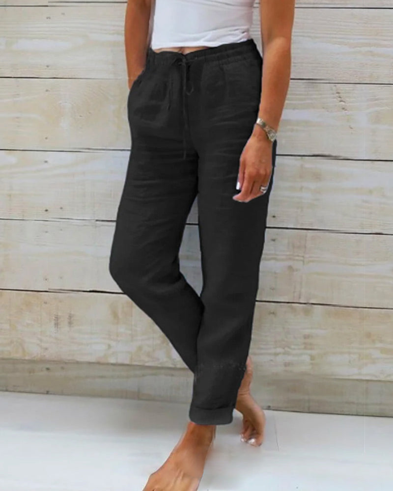 🔥 S–2XL méretű, rugalmas derékú pamut-len széles szárú női nadrág | Nyári laza stílus, kényelem és elegancia egyben 🍃