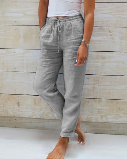 🔥 S–2XL méretű, rugalmas derékú pamut-len széles szárú női nadrág | Nyári laza stílus, kényelem és elegancia egyben 🍃
