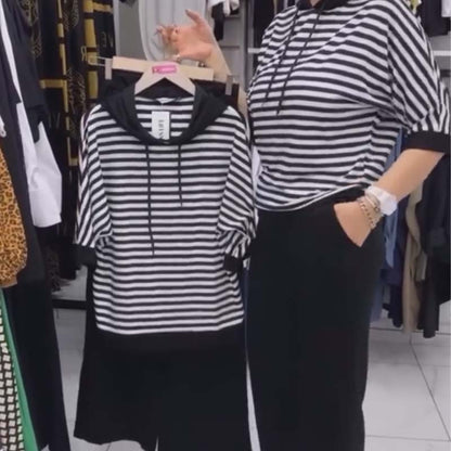 💥 FORRÓ AKCIÓ! 👚 Csíkos felső + nadrág szett – Stílusos és kényelmes! 🔥