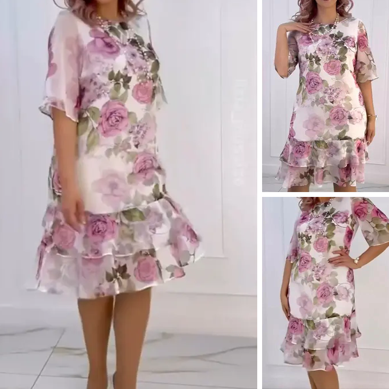 🔥 [S-4XL] 🌺 Rózsaszín sifon ruha fodrokkal – könnyed, romantikus, nőies