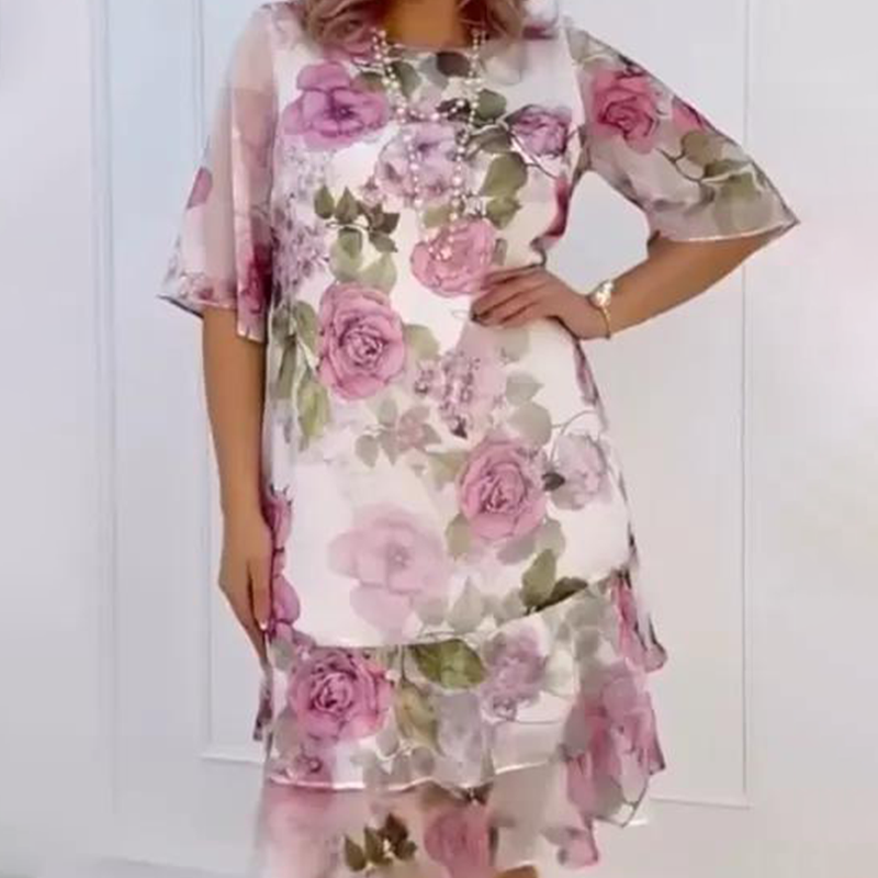 🔥 [S-4XL] 🌺 Rózsaszín sifon ruha fodrokkal – könnyed, romantikus, nőies