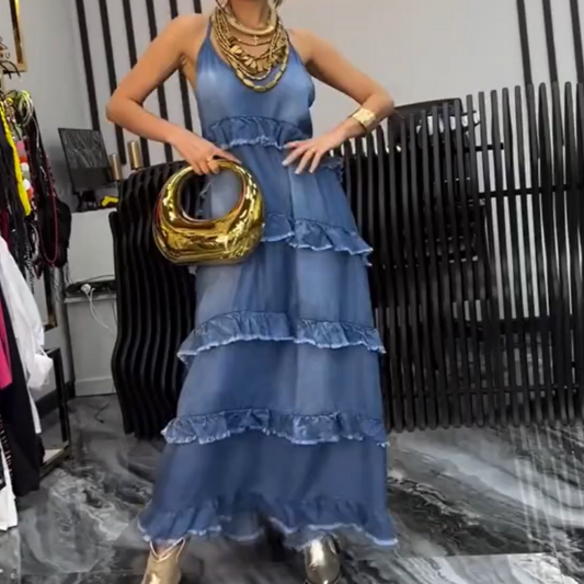 Femei Denim Spaghetti Strap Maxi Rochie