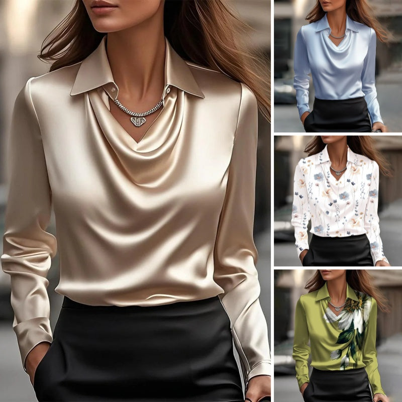 🔥👔 Női egyszínű, nyomtatott mintás, leomló szabású blúz 🌸——Egy elegáns darab, amit mind a munkába járáshoz, mind randevúra viselhetsz! A leomló anyag természetesen exkluzív hatást kelt, és vasalás nélkül is sima marad; a leomló gallér kialakítása