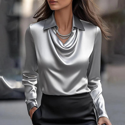 🔥👔 Női egyszínű, nyomtatott mintás, leomló szabású blúz 🌸——Egy elegáns darab, amit mind a munkába járáshoz, mind randevúra viselhetsz! A leomló anyag természetesen exkluzív hatást kelt, és vasalás nélkül is sima marad; a leomló gallér kialakítása