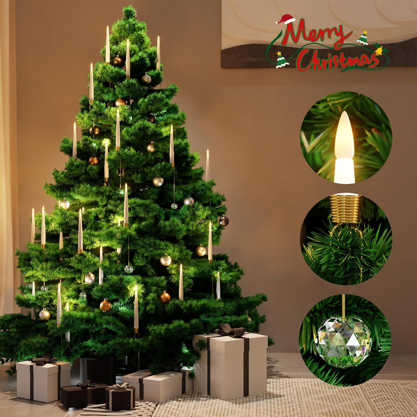🎁Korai karácsonyi akció🎄Karácsonyfa LED gyertyák átlátszó kristálygömbös akasztóval
