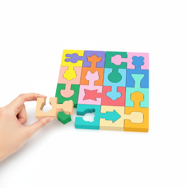 Fából készült geometriai alakhoz illő puzzle kisgyermekek számára