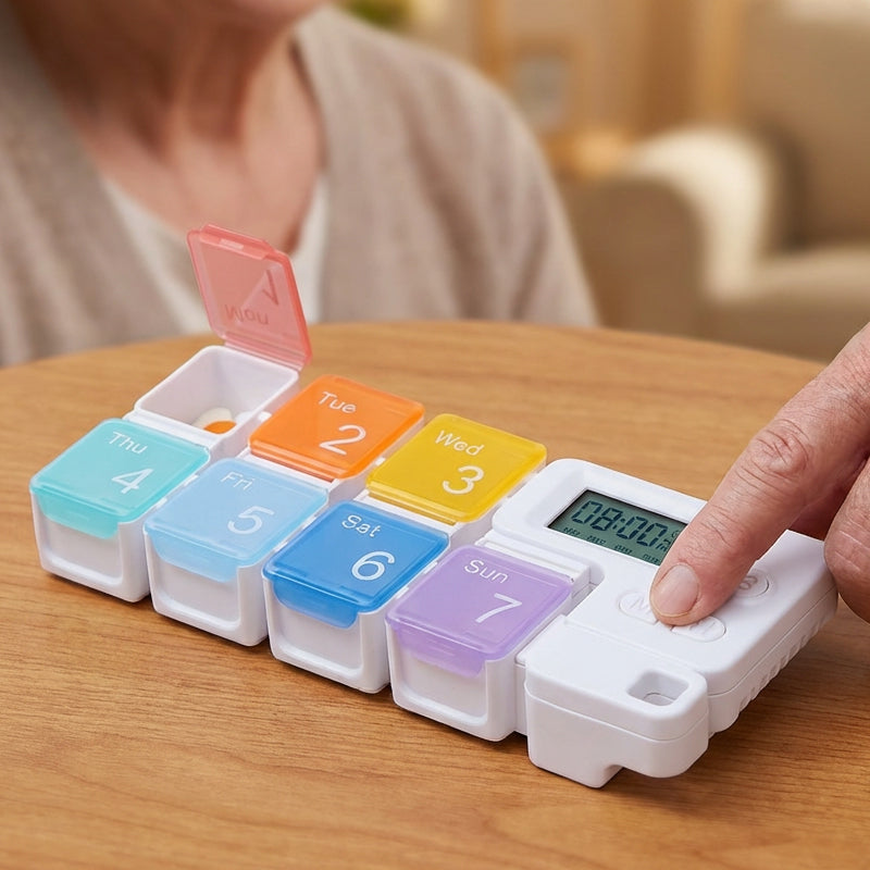 Intelligens elektronikus gyógyszeres doboz időzített emlékeztetővel