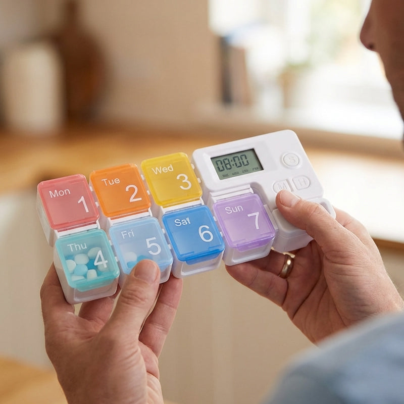 Intelligens elektronikus gyógyszeres doboz időzített emlékeztetővel