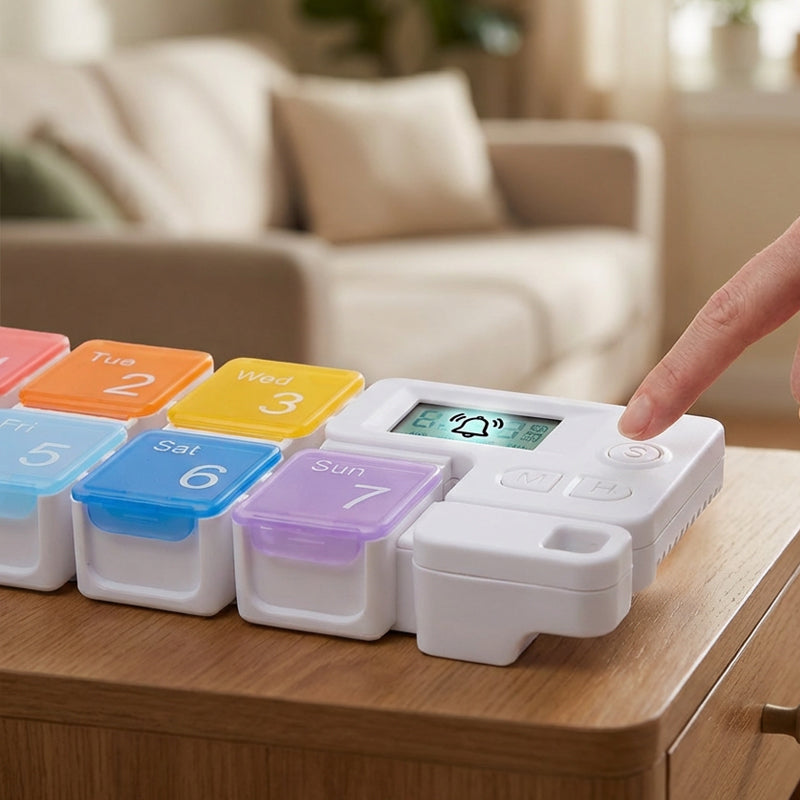 Intelligens elektronikus gyógyszeres doboz időzített emlékeztetővel