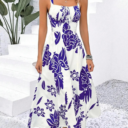 🌺 50% KEDVEZMÉNY – Női virágos spagettipántos ruha | Ráncolt hát, A-vonal, könnyű 👗🌼