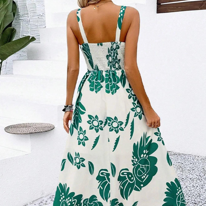 🌺 50% KEDVEZMÉNY – Női virágos spagettipántos ruha | Ráncolt hát, A-vonal, könnyű 👗🌼