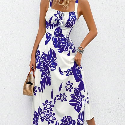 🌺 50% KEDVEZMÉNY – Női virágos spagettipántos ruha | Ráncolt hát, A-vonal, könnyű 👗🌼