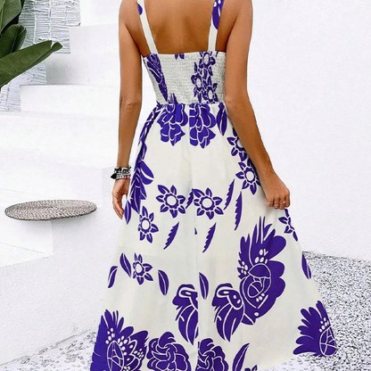 🌺 50% KEDVEZMÉNY – Női virágos spagettipántos ruha | Ráncolt hát, A-vonal, könnyű 👗🌼