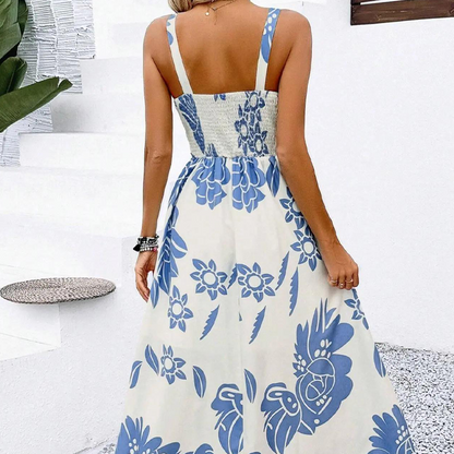 🌺 50% KEDVEZMÉNY – Női virágos spagettipántos ruha | Ráncolt hát, A-vonal, könnyű 👗🌼