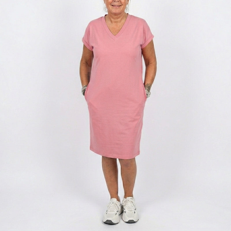 👗 Női alkalmi V-nyakú rövid ujjú pólóruha – sportos elegancia minden napra
