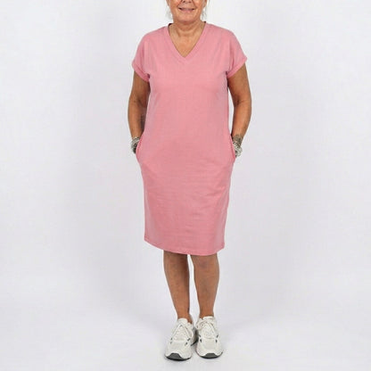 👗 Női alkalmi V-nyakú rövid ujjú pólóruha – sportos elegancia minden napra