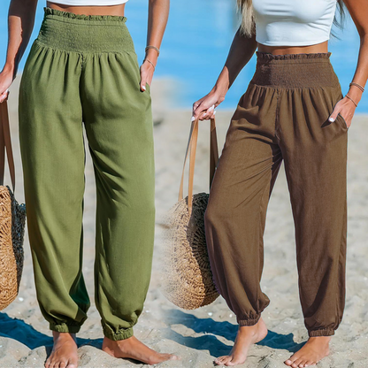 ✨【S-2XL】👖 Női magas derekú, smokkolt bő harem nadrág – kényelmes, lezser, stílusos
