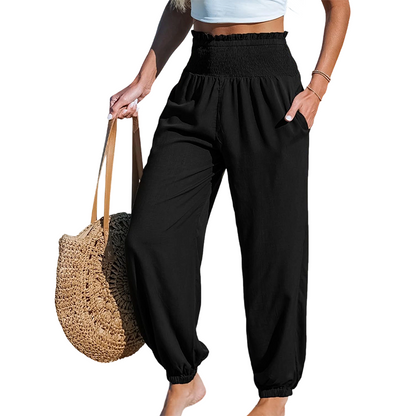 ✨【S-2XL】👖 Női magas derekú, smokkolt bő harem nadrág – kényelmes, lezser, stílusos