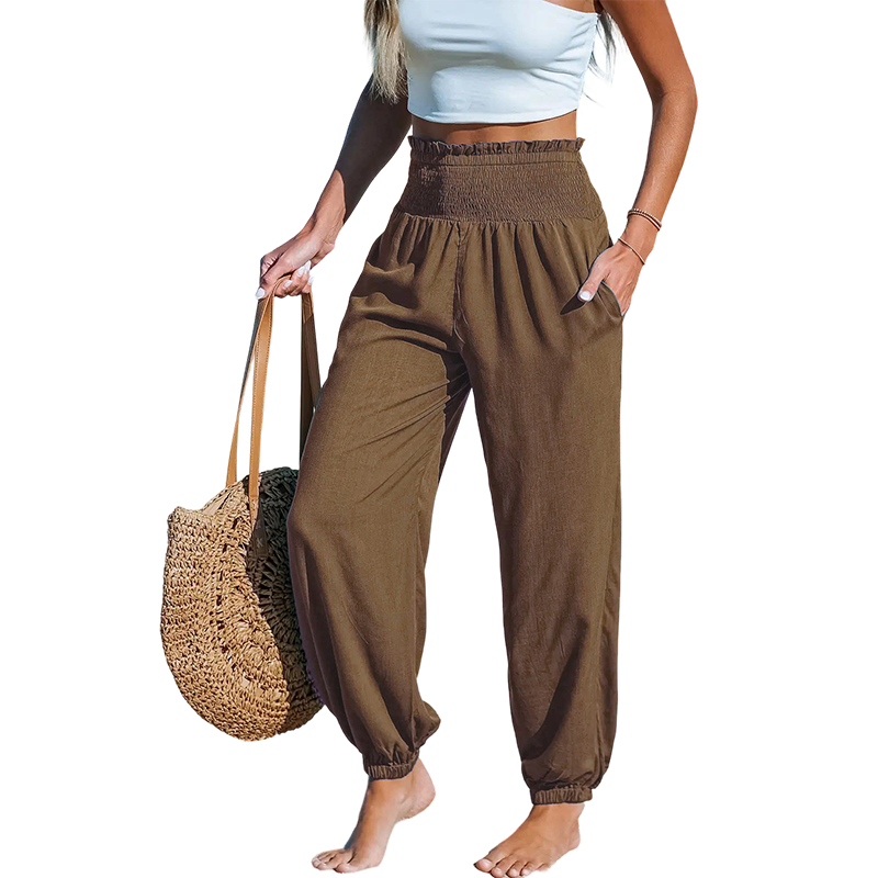 ✨【S-2XL】👖 Női magas derekú, smokkolt bő harem nadrág – kényelmes, lezser, stílusos