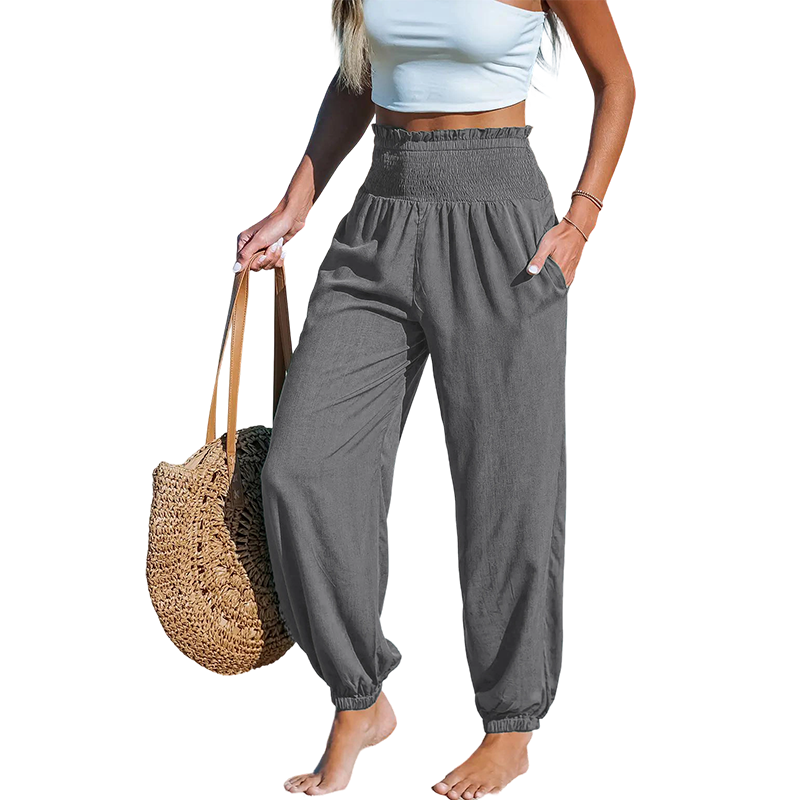 ✨【S-2XL】👖 Női magas derekú, smokkolt bő harem nadrág – kényelmes, lezser, stílusos