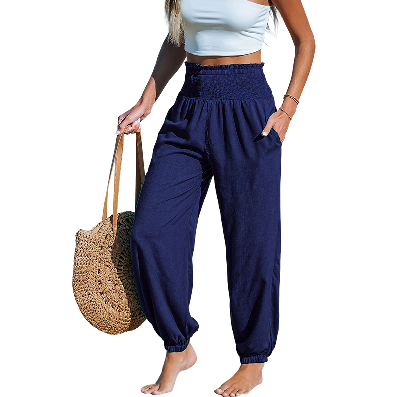 ✨【S-2XL】👖 Női magas derekú, smokkolt bő harem nadrág – kényelmes, lezser, stílusos