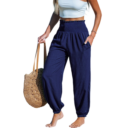 ✨【S-2XL】👖 Női magas derekú, smokkolt bő harem nadrág – kényelmes, lezser, stílusos